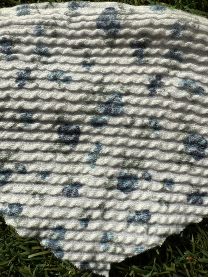 Blue Green White Ditsy Floral Stretch Wavy Rib Knit Rayon Polyester Spandex Knit "Bubble Blossoms"