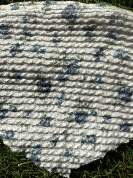 Blue Green White Ditsy Floral Stretch Wavy Rib Knit Rayon Polyester Spandex Knit "Bubble Blossoms"