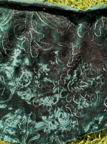 Dark Green Scrollwork Impressed Polyester Spandex Stretch Velvet Knit "Evergreen Scroll"