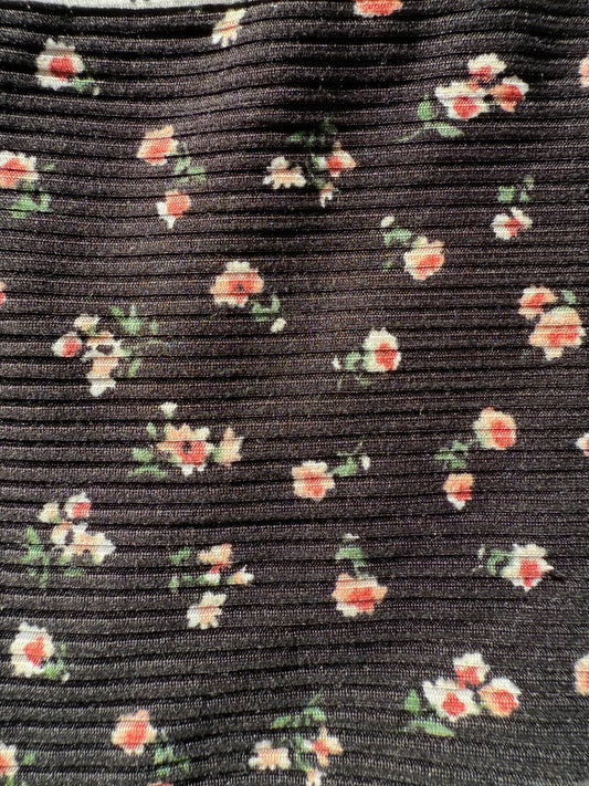 Black Pink Green Ditsy Floral Polyester Spandex Brush Rib Knit "Moody Garden Beds"