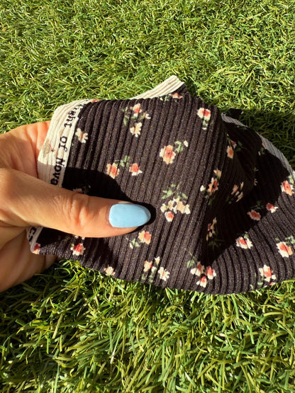 Black Pink Green Ditsy Floral Polyester Spandex Brush Rib Knit "Moody Garden Beds"