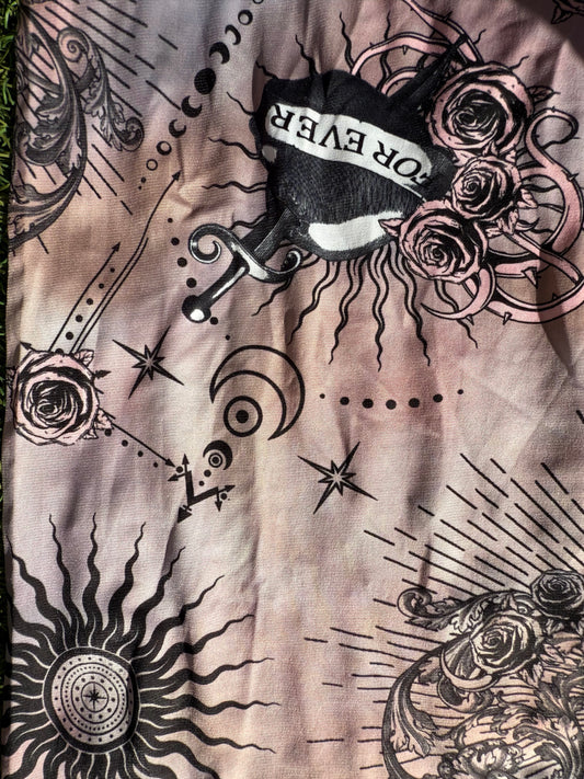 Pink Black Tie-dye Sword in Heart Sun Floral Ink Moon Polyester Spandex Jersey Knit "Love Never Dies"