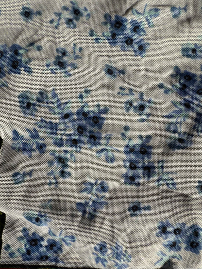 Blue White Floral Micro Stretch Mesh Polyester Spandex Knit "Delftware Bouquet "