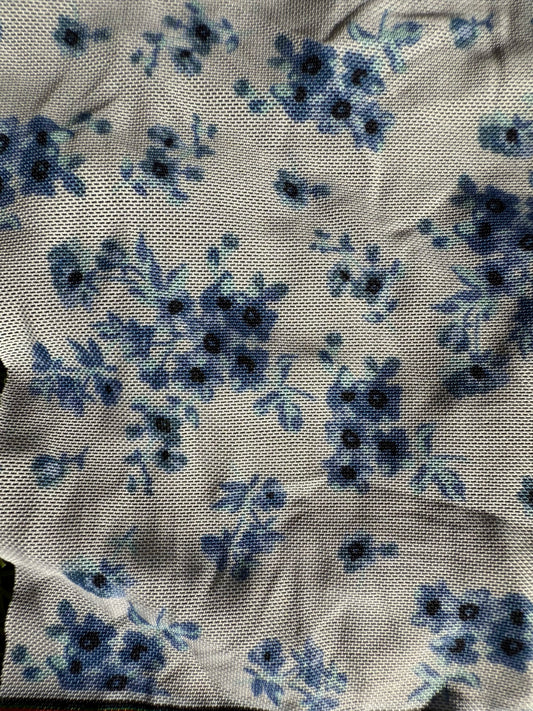 Blue White Floral Micro Stretch Mesh Polyester Spandex Knit "Delftware Bouquet "
