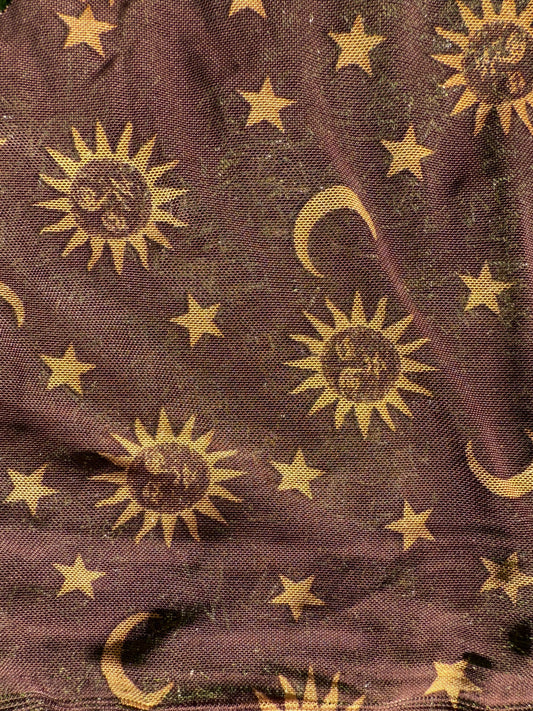 Brown Yellow Sum Moon Stars Micro Stretch Mesh Polyester Spandex Knit "Celestial Splendor"