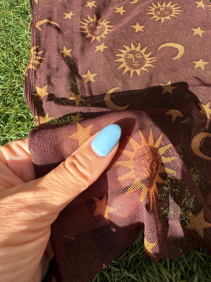 Brown Yellow Sum Moon Stars Micro Stretch Mesh Polyester Spandex Knit "Celestial Splendor"