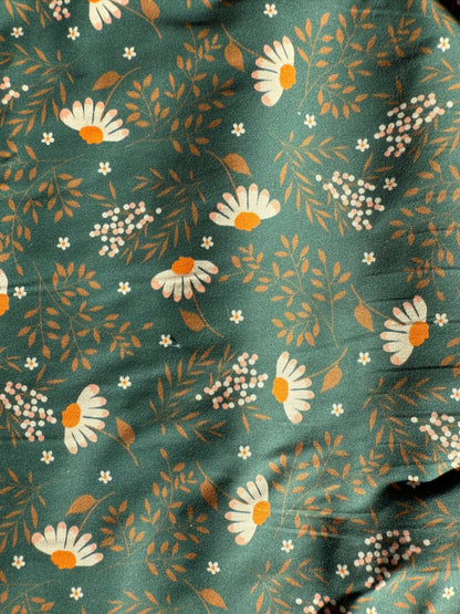 Green White Yellow Floral Daisy Print Lightweight Cotton Twill Woven "Folly Daisy"