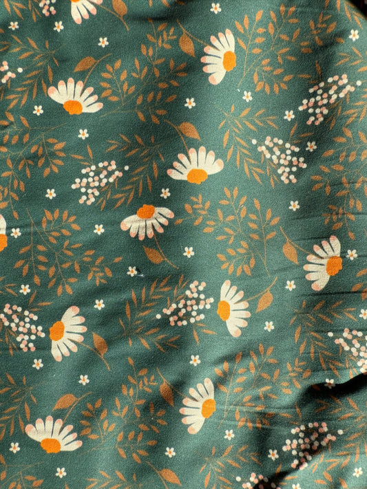 Green White Yellow Floral Daisy Print Lightweight Cotton Twill Woven "Folly Daisy"