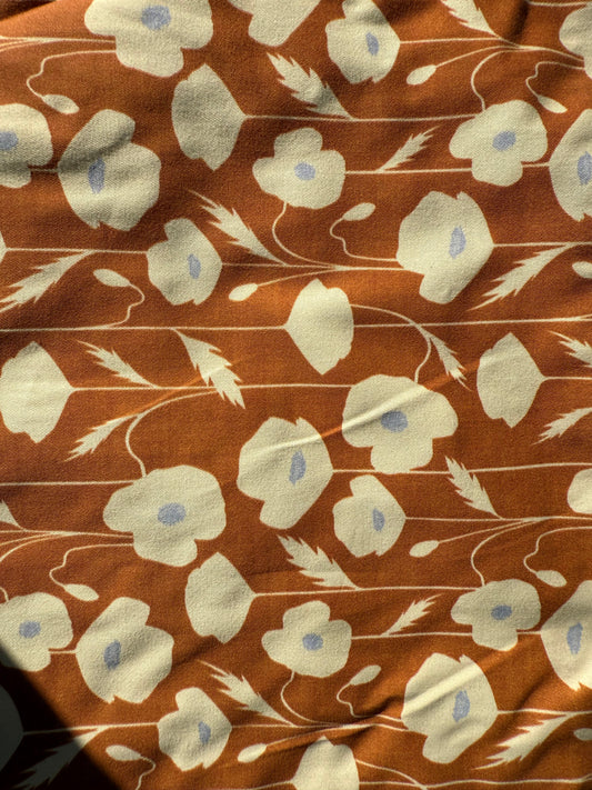 Gold Rust White Floral Print Lightweight Cotton Twill Woven "Caramel Wildflowers"