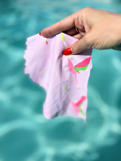 Pink Flying Flamingo Bird Print Nylon Spandex Swim Knit "Just Winging It"