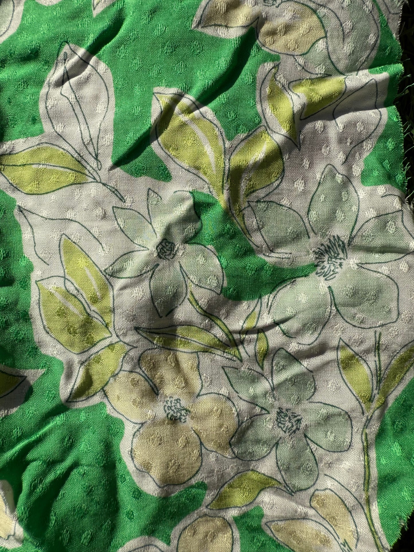 Green White Yellow Spring Floral Print Sheer Dot Rayon Challis Woven "Going Green"