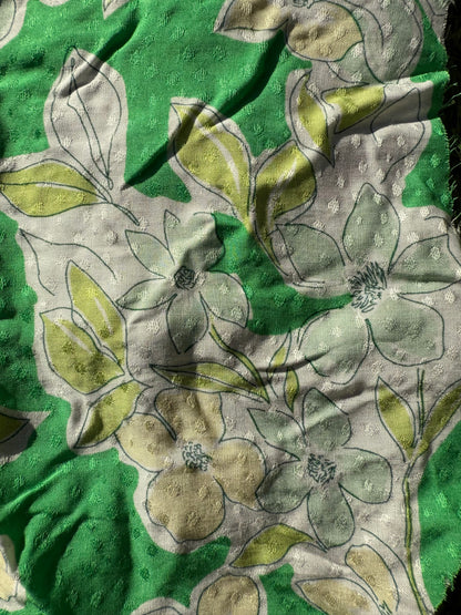 Green White Yellow Spring Floral Print Sheer Dot Rayon Challis Woven "Going Green"