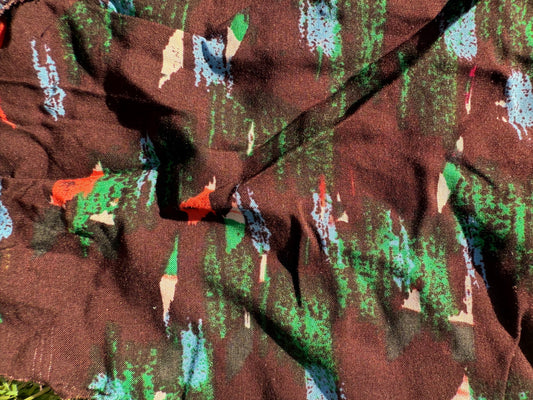 Brown Orange Green Blue  Abstract Marker Paint Print Rayon Challis Woven "Static"