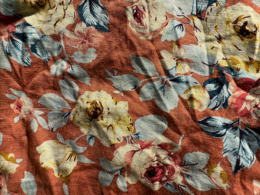 Terracota Rust Yellow Blue Rose Floral Print Rayon Spandex Jersey "Blossming Blooms"