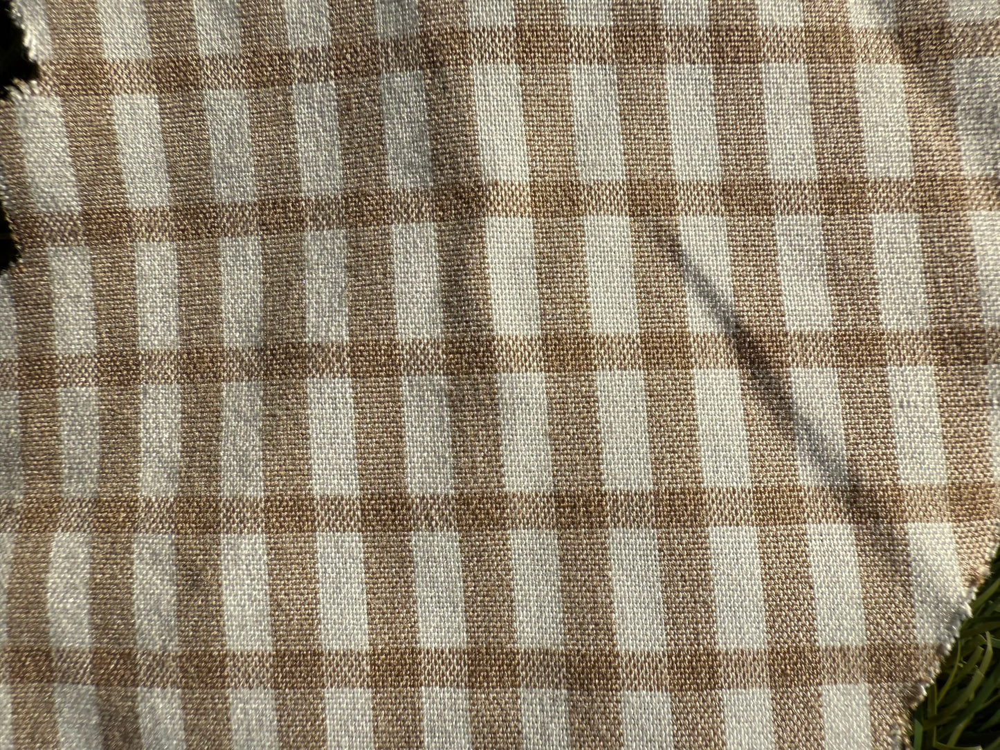 Cream Tan Crossstripe Plaid Rayon Polyester Gabardine Woven "Toasty"