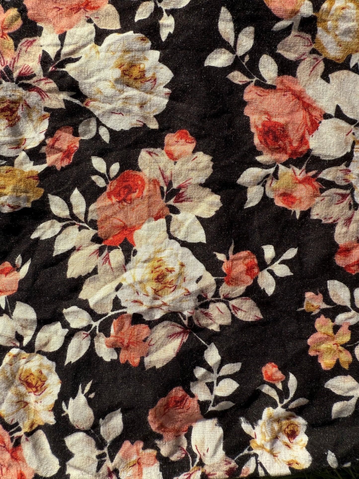 White Pink Black Tan Floral Print Rayon Spandex Jersey Knit "Rose Impressions"
