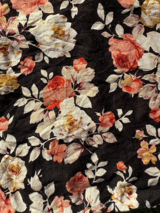 White Pink Black Tan Floral Print Rayon Spandex Jersey Knit "Rose Impressions"