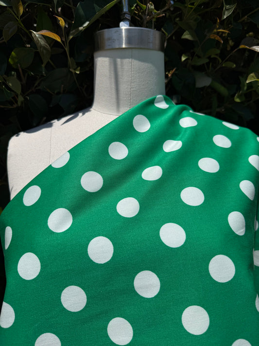 Green White Polkadot Cotton Spandex Sateen Woven "Miss Envy"