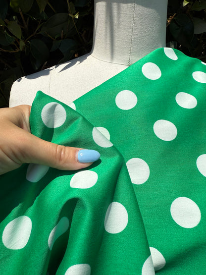 Green White Polkadot Cotton Spandex Sateen Woven "Miss Envy"