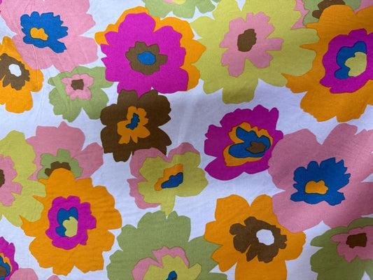 Orange Purple White Blue Pink Green Yellow Brown Floral Print Rayon Faille Woven "Pansy Fields"