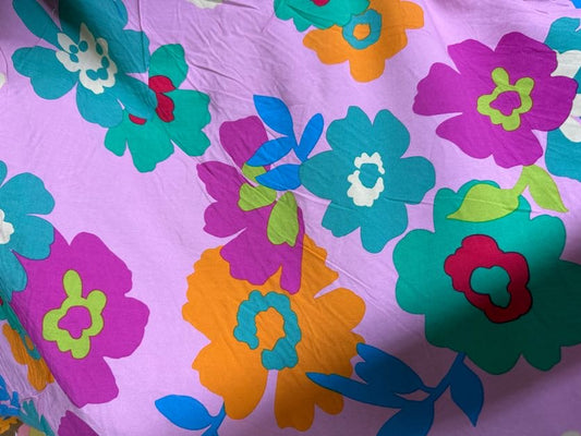 Purple Green Orange Red White Floral Print Rayon Faille Woven "Stamped in Bloom"