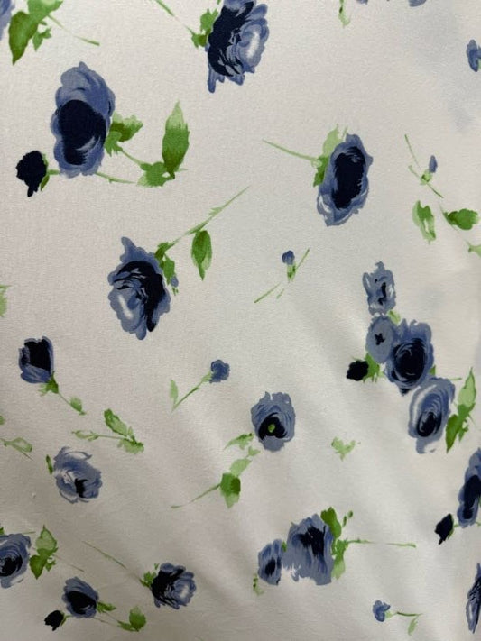 Blue Green White Floral Print Baby Rib 1x1 Vintage Cotton Spandex Jersey Knit "Blue Buds"