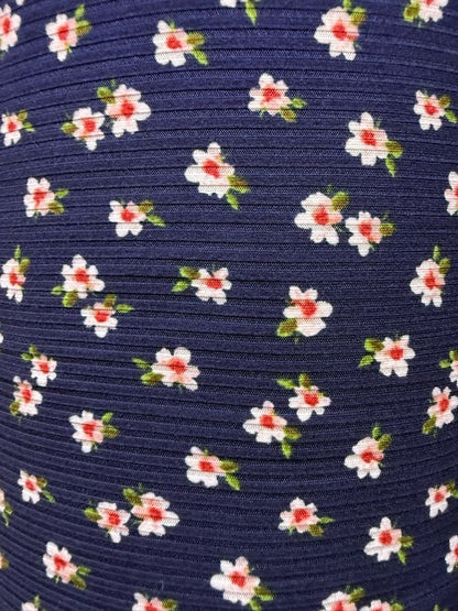 Blue Green White Pink Ditsy Floral Rib Polyester Spandex Knit "Magnolia in Blue"