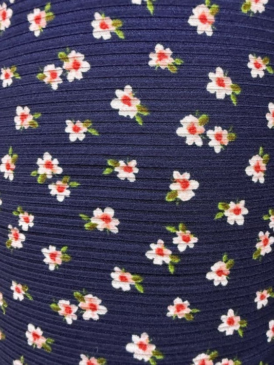 Blue Green White Pink Ditsy Floral Rib Polyester Spandex Knit "Magnolia in Blue"