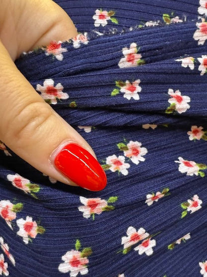 Blue Green White Pink Ditsy Floral Rib Polyester Spandex Knit "Magnolia in Blue"