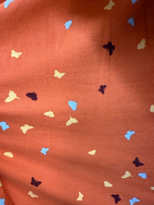 Orange Light Blue Yellow Brown Ditsy Butterfly Brushed Polyester Spandex Jersey Knit "Autumn Wings"