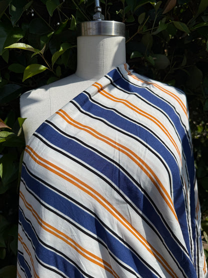 Blue White Orange Black Stripe Print Rayon Challis Woven "Summer Contrast "