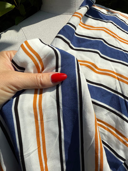 Blue White Orange Black Stripe Print Rayon Challis Woven "Summer Contrast "