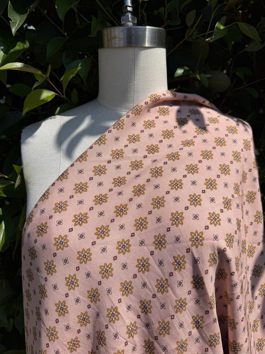 Light Pink Gold Blue Brown Ditsy Floral Geometric  Print Rayon Challis Woven "Rosemilk Daisy"
