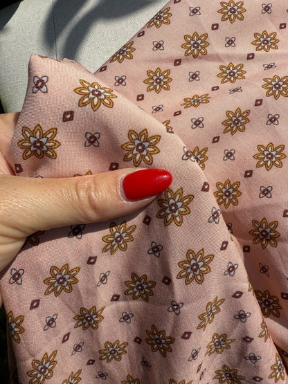 Light Pink Gold Blue Brown Ditsy Floral Geometric  Print Rayon Challis Woven "Rosemilk Daisy"
