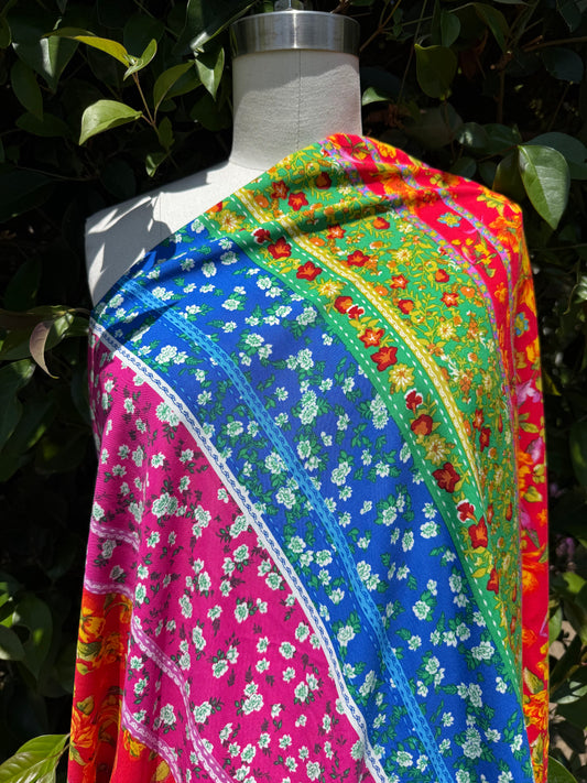 Pink Blue Green Yellow Bright Multi Stripe Floral Boho Retro Rayon Challis woven "Auntie Jackie"