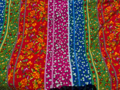 Pink Blue Green Yellow Bright Multi Stripe Floral Boho Retro Rayon Challis woven "Auntie Jackie"