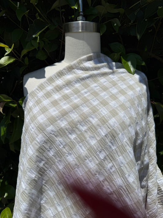 White Khaki Beige Gingham Seersucker Cotton Woven "Farm Day"