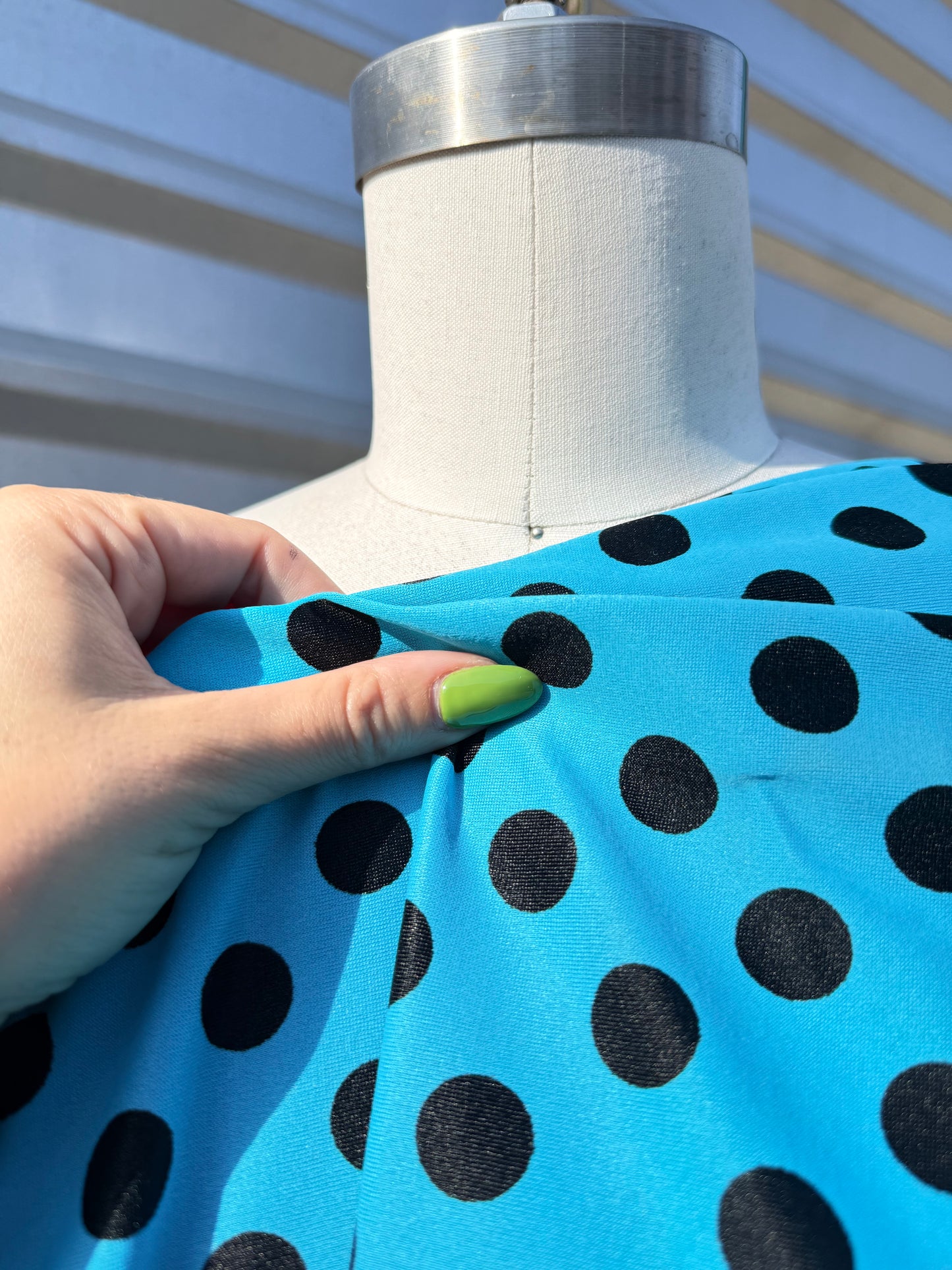 Blue Black Polkadot Print Nylon Spandex Swim Knit "Betty Dives"