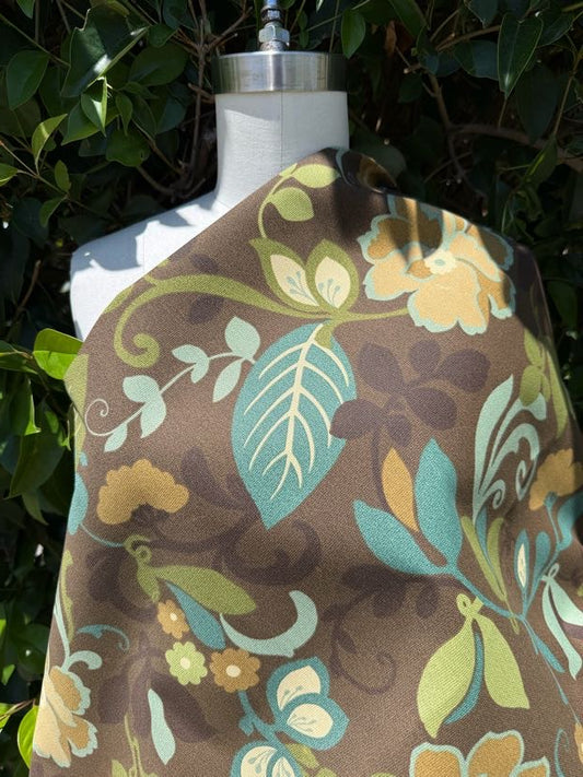 Brown Green Teal Floral Swirl Vintage Cotton Canvas "Chocolate Garden"
