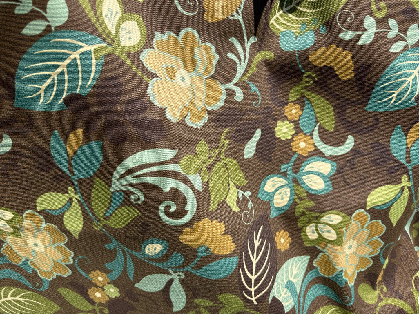 Brown Green Teal Floral Swirl Vintage Cotton Canvas "Chocolate Garden"