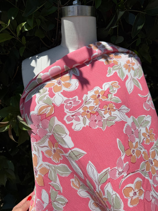 Pink Orange Green Off-white Floral Drawing Print Rayon Crepe Woven "Peach Blossoms"