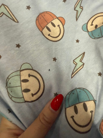 Baby Blue Yellow Orange Black Light Green Ditsy Star Lighting Bolt Hat Smiley Face Rayon Spandex French Terry "Stoked Smiles"