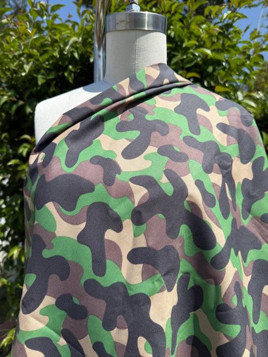 Green Black Tan Brown Camo Army Print Cotton Poplin Woven "Camo Cutie"
