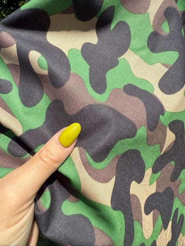 Green Black Tan Brown Camo Army Print Cotton Poplin Woven "Camo Cutie"