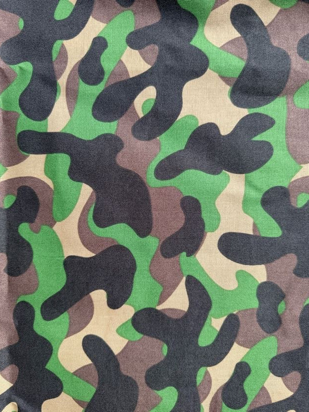 Green Black Tan Brown Camo Army Print Cotton Poplin Woven "Camo Cutie"