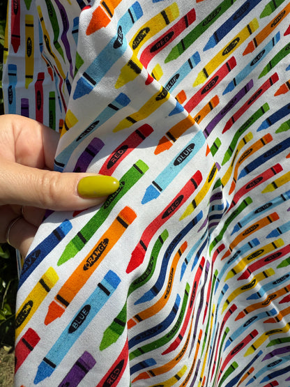 Red Orange Green Multi Color Crayon Print Cotton Poplin Woven "Ms. Frizzle Art Class"