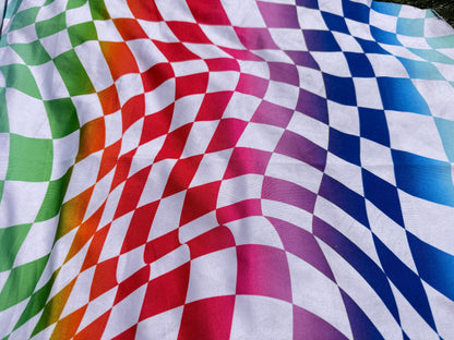 Pink Green Blue Rainbow White Wavy Checker Print Nylon Spandex Swim Knit "Rainbow Waves"