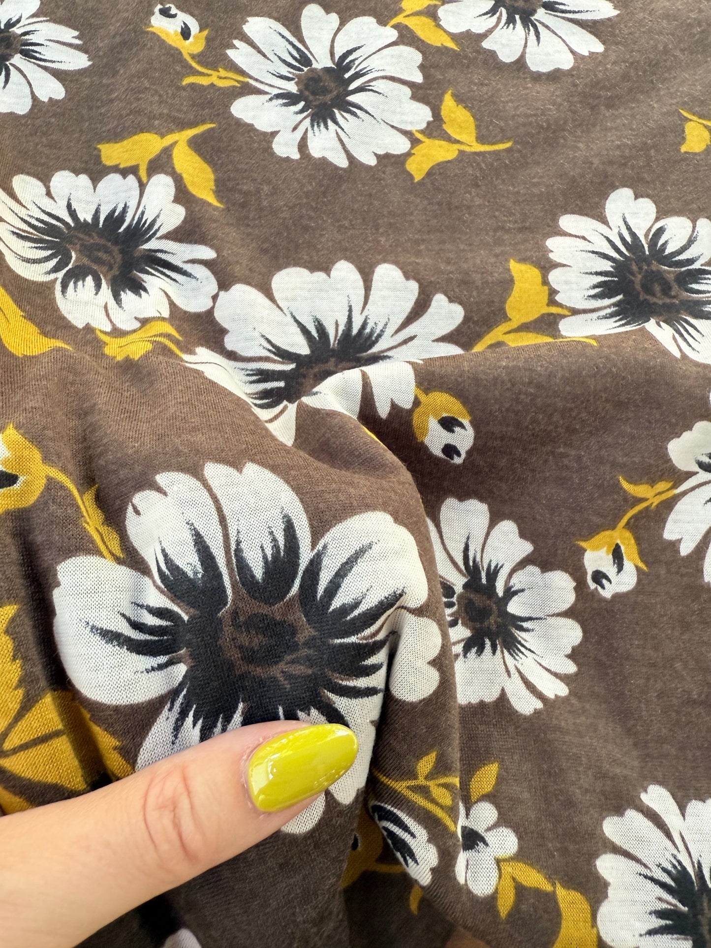 Brown Yellow Black White Floral Light Weight Rayon Polyester Spandex Jersey "Eric's Family Den"