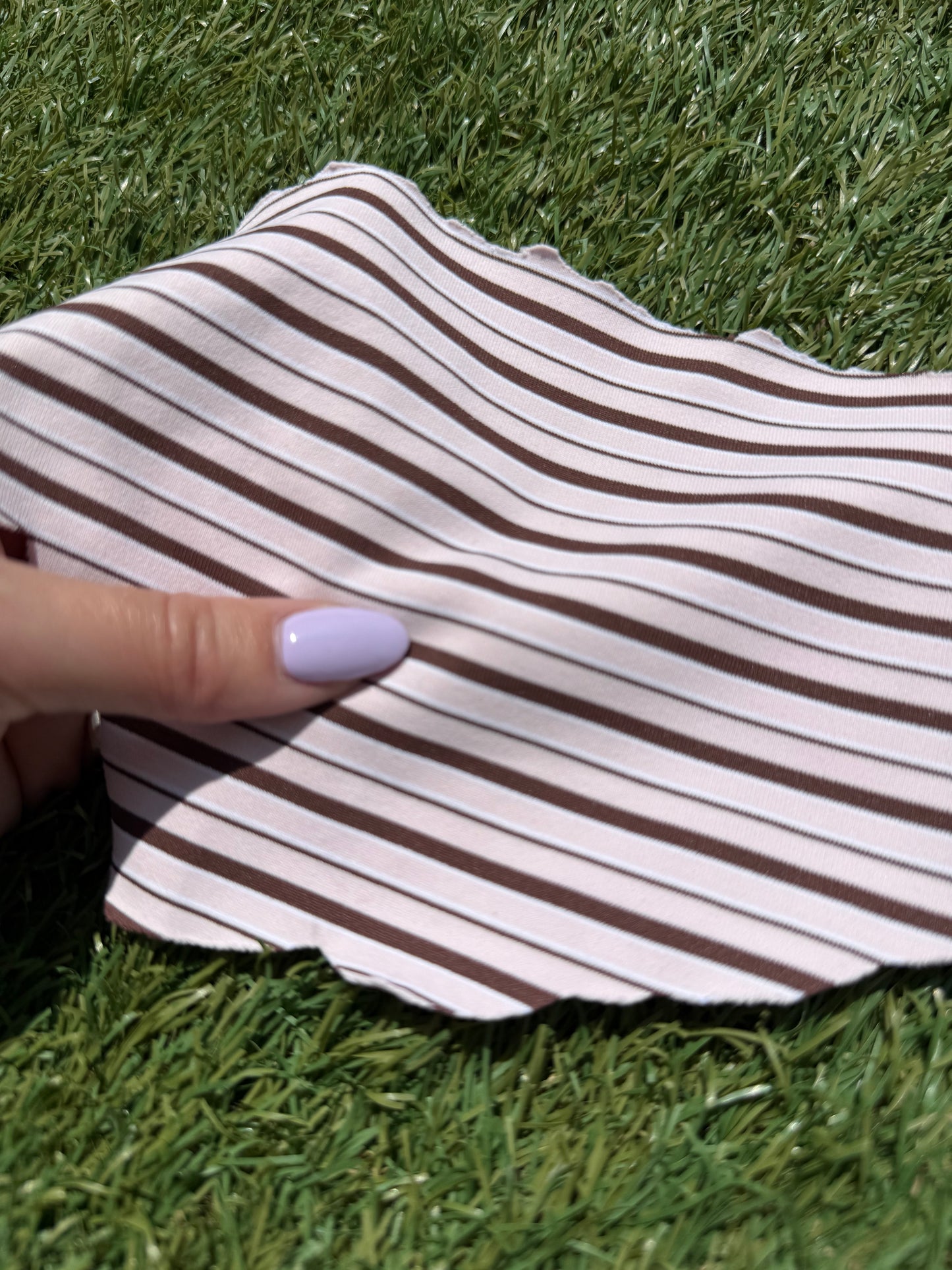 Blush Pink Brown White Stripe Print Nylon Spandex Swim Knit "Lined Up"