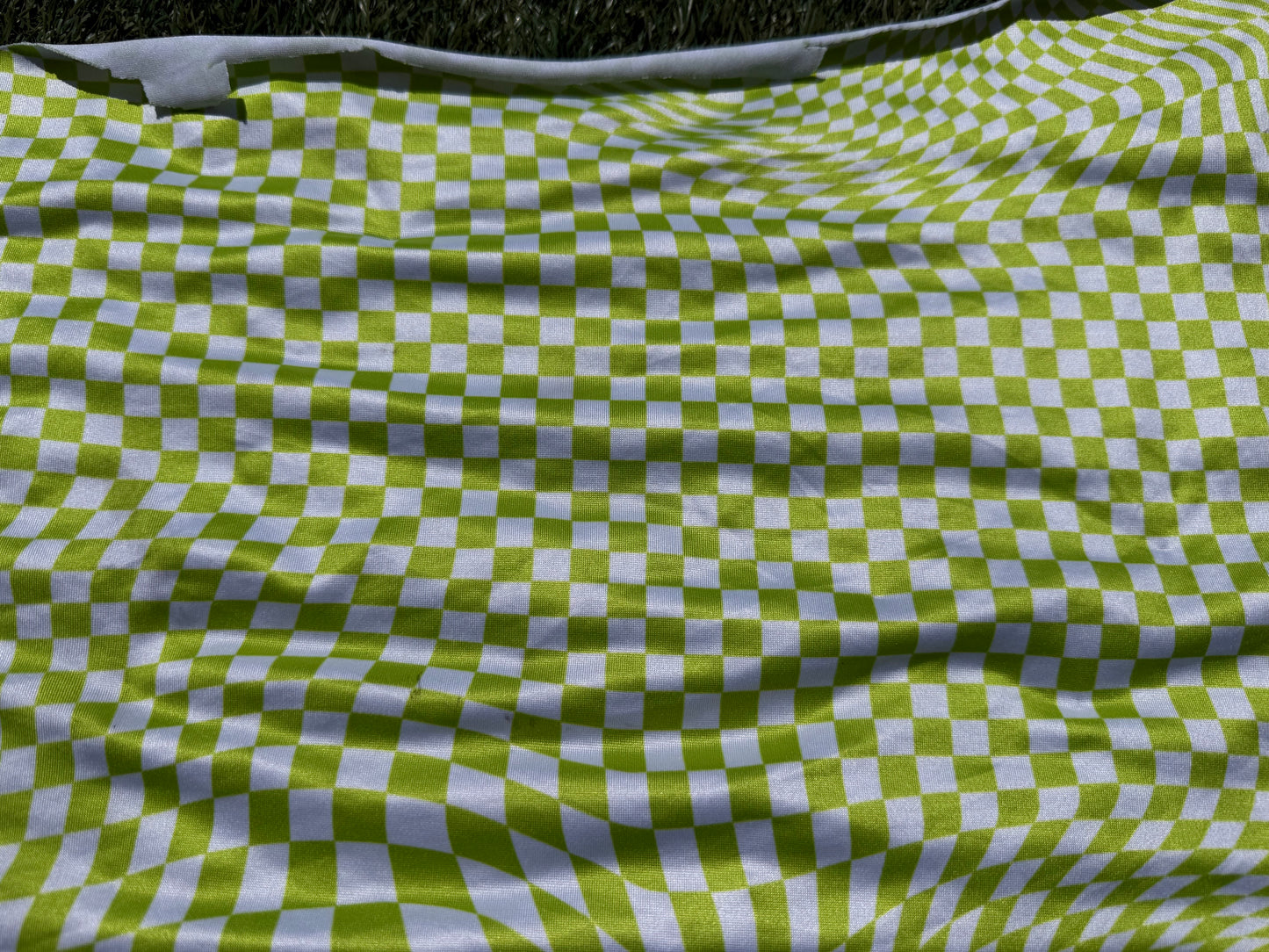 Green White Wavy Checker Print Nylon Spandex Swim Knit "Lime Waves"